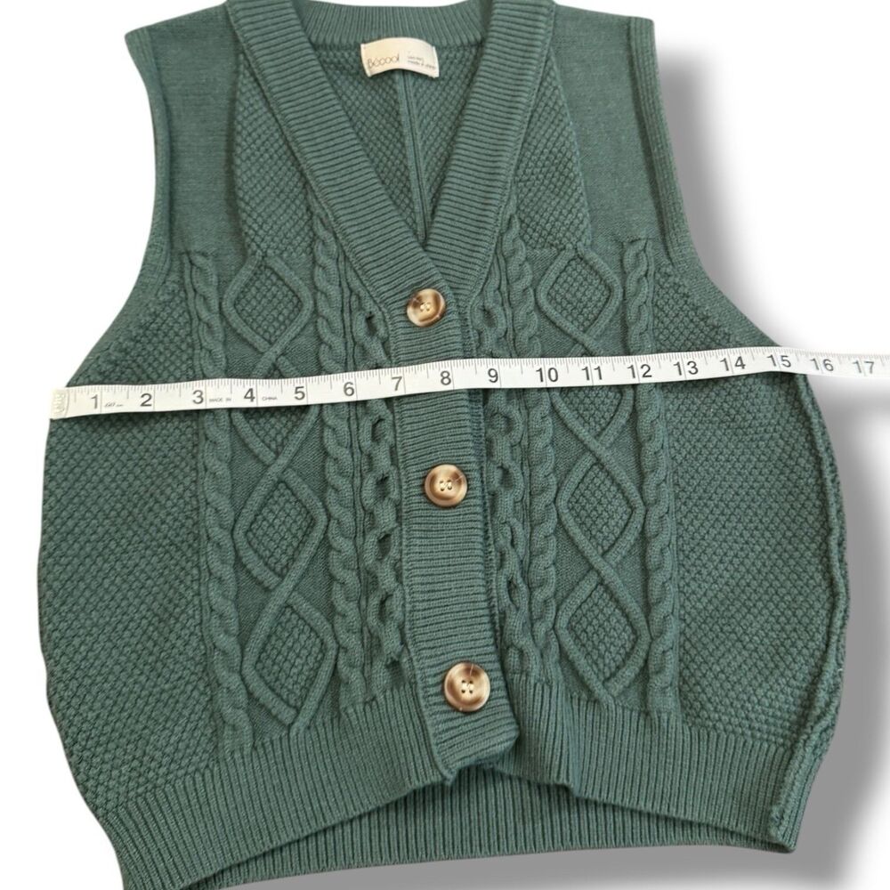BeCool Cable Knit Button Down Sweater Vest Green Knit Casual Women’s Size M/L - Picture 3 of 9